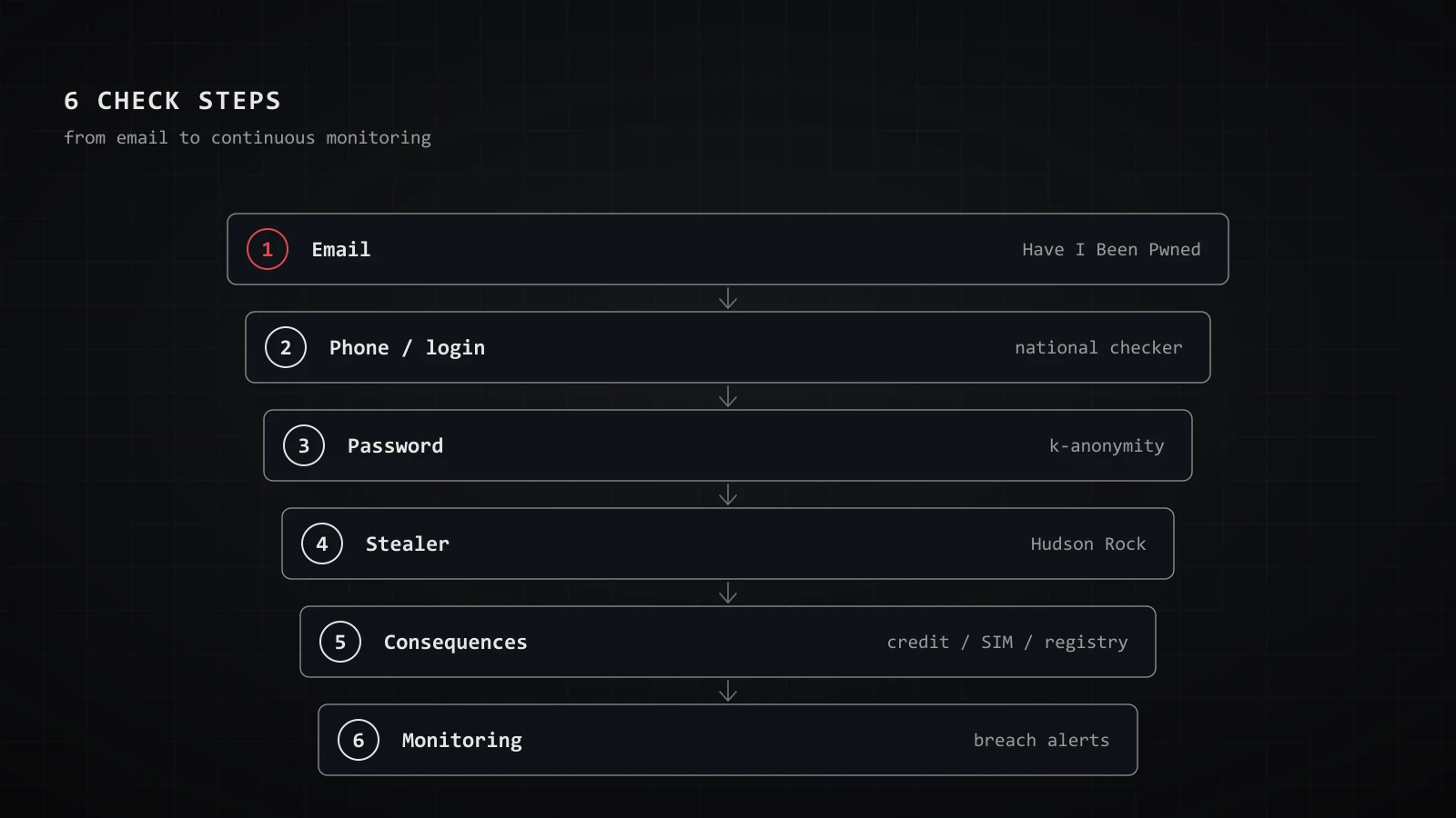 Six steps to check for a data breach: email, phone, password, stealer logs, consequences and monitoring