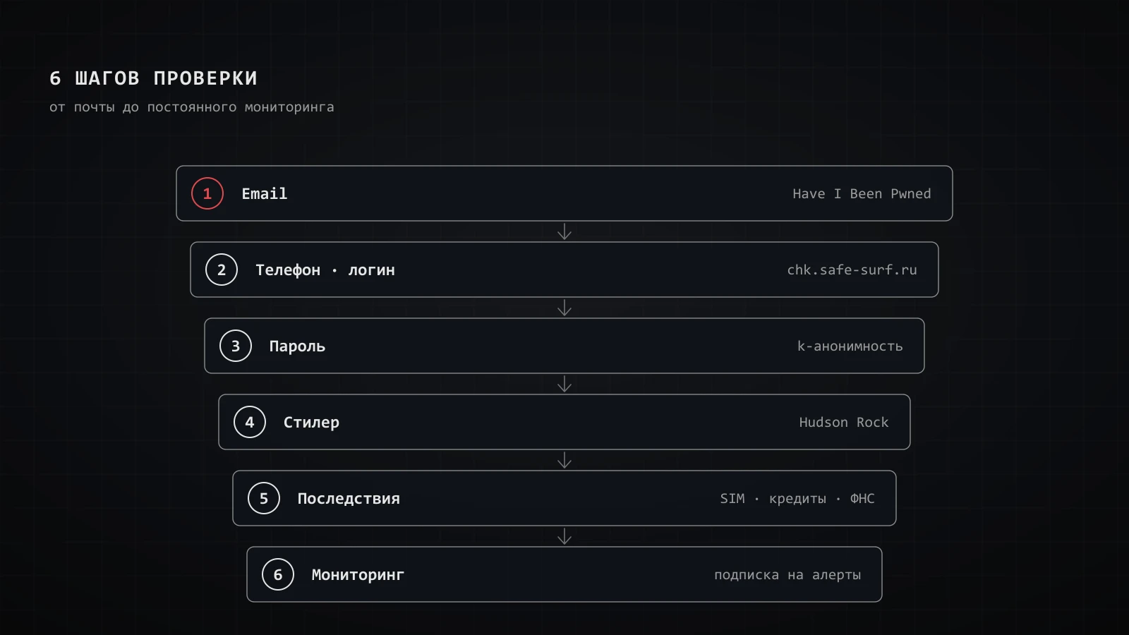 Шесть шагов проверки утечки данных: email, телефон, пароль, stealer-логи, последствия и мониторинг